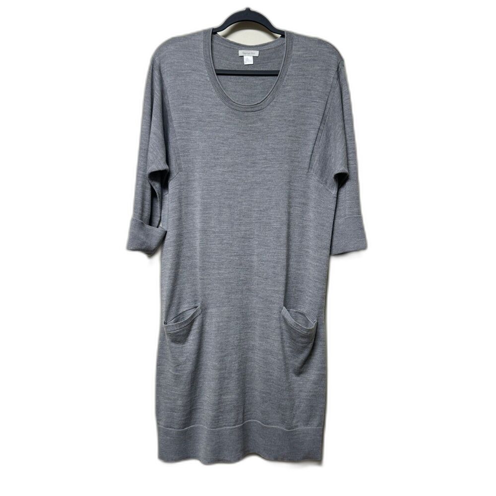 GARNET HILL 100% Merino Wool Gray Sweater Dress Cuffed Sleeves, Sz S
